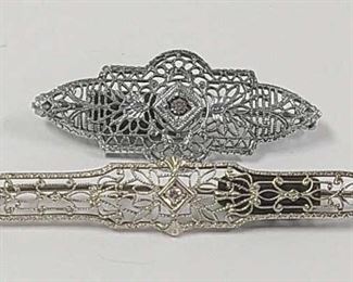  2 ART DECO FILIGREE BROOCHES 1 IS 14K GOLD