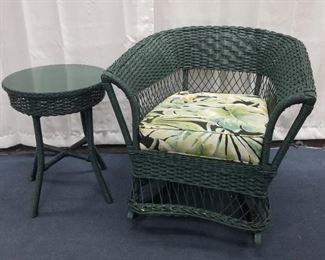 GREEN WICKER ROCKING CHAIR W/ SIDE TABLE