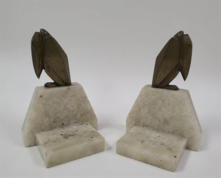 VINTAGE ART DECO BRASS & MARBLE PELICAN BOOKENDS