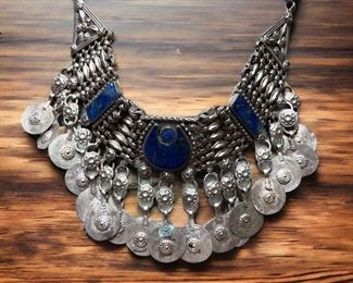 Metal Work Lapis Bib Style Necklace
