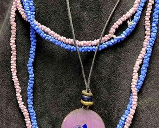 Two Glass Bead Strands Enamel Pendant Necklace
