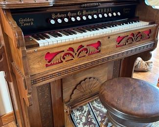 #15	Restored antique Beethoven Organ Company Washington, NJ USA "Gold Toned" with antique stool  44x22x45	 $250.00 							