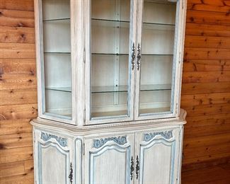 	#18	Vintage White of Mebane made in North Carolina lighted 2 piece china cabinet 67x19x82	 $125.00 				