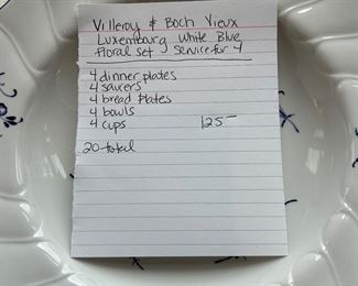 	#25	Villeroy & Boch Vieux Luxembourg white blue floral set for 4 - 20 pieces	 $125.00 				