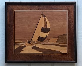 Inlaid marquetry sailboat picture