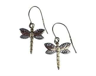 9kt Tri Gold Dragonfly Dangle Earrings