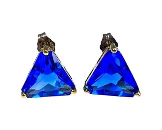 Blue CZ Triangle Stud Earrings Sterling Silver