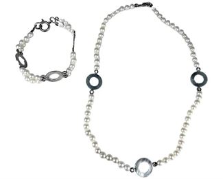 Freshwater Pearl and Sterling Silver Link Necklace and Bracelet Set