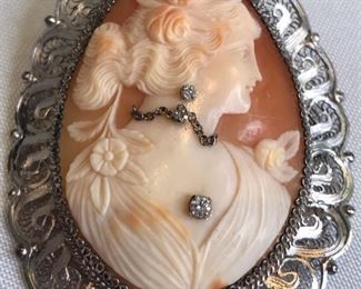 Hand Carved Shell Cameo Brooch with Genuine Diamond 