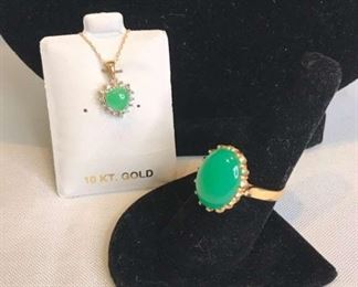 Jade and diamond 10k necklace and ring 