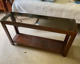 NEWER WOOD AND GLASS SOFA TABLE
