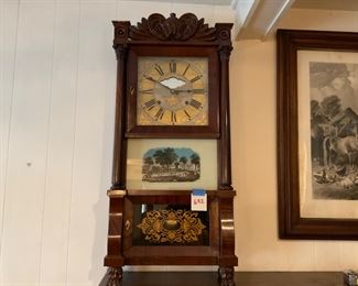 ANTIQUE TRIPLE DOOR WOOD WORKS CLOCK. RUNS.