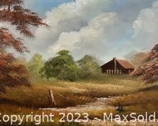 wlarge oil landscaping painting with barn and trees in a 3d ornate composite frame3451 t