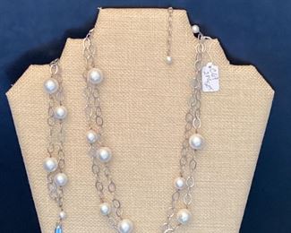 Silver tone 2-row faux pearl necklace and bracelet