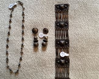 Silver grey seed pearl necklace, silver tone drop earrings, 75g sterling silver 3-station 1960s unique bracelet, made in Mexico.