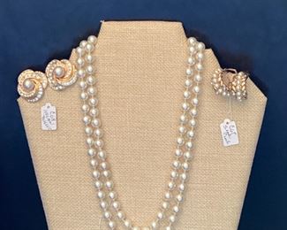 Nolan Miller earrings, hand knotted 36" faux pearl necklace, sea pearl hoop earrings