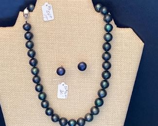 Sterling Silver 17"/11-12mm Black Pearl Necklace and Earrings