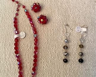 40's vintage iridescent red crystal choker and earrings, iridescent dangle earrings