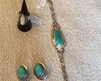 Sterling silver turquoise, lapis and mother of pearl ring, "Barse" turquoise toggle bracelet, bear claw turquoise earrings. 