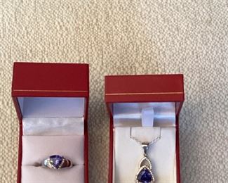 Sterling silver trillion cut Tanzanite and white sapphire ring and necklace