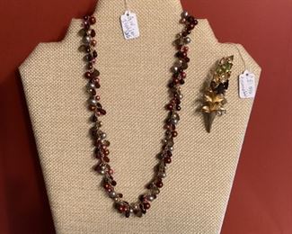 14K Italian made multi-gemstone beaded necklace, 14K yellow gold over sterling silver large multi-color Tourmaline brooch