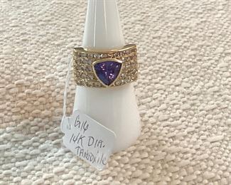 14K yellow gold trillion cut Tanzanite and Diamond ring 