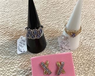 14K white gold Tanzanite and diamond ring, 10K yellow gold Tanzanite and diamond ring, 14K yellow gold w/diamond "X" earrings