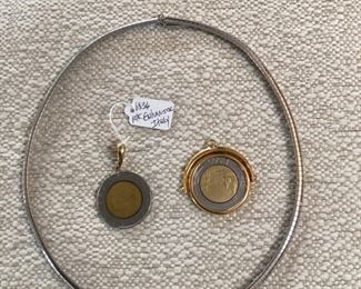 10K white gold omega necklace, 14K coin enhancer and Italian lire coin pendant