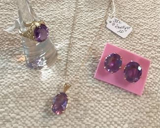 14K and Amethyst ring, earrings and pendant w/chain