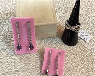 14K white gold Lolite and diamond drop earrings,  14K white gold w/white and black diamond drop earrings, 14K white gold diamond "X" ring