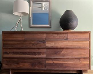Room & Board Anton Solid Walnut Bedroom Suite Dresser, West Elm Branch Table Lamp, Pottery, Mirror
