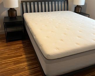 Room & Board Webster Queen Bed in Natural Steel w End Tables  20x18x22h  pair, Table Lamps, Queen Mattress 