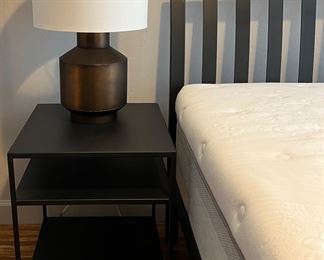 Room & Board Webster Queen Bed in Natural Steel w End Tables  20x18x22h  pair, West Elm Table Lamps, Queen Mattress 