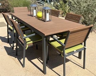 Patio Dining Table w 6 Chairs Crate & Barrel Rocha w Kiwi Cushions