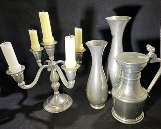 Pewter candelabra, vases & more 