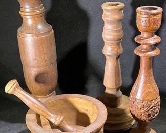 Wooden mortar and pestle, vases, pepper grinder