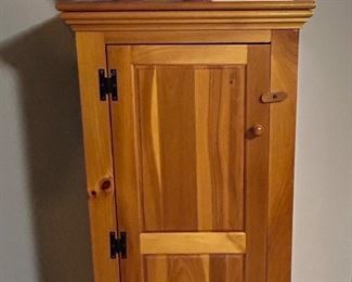 Wooden storage cabinet. Harding Black large pitcher (has repaired handle) & small pitcher (has crackled glaze near the bottom). We will be taking bids on both Harding Black pieces.
