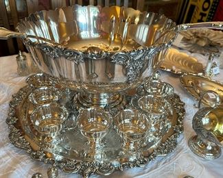 Wallace Sterling Silver Plated Baroque Pattern Punch Bowl, cups and platter Set
