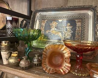 Collection of unique lighters, iridescent carnival glass and roman serving platter