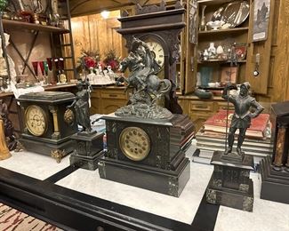 Three Piece Sculptures on Slate and Marble Bases. Wonderful Mantle Piece. 

