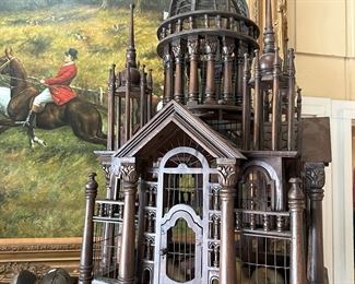 EXQUISITE Heavy Mahogany Cathedral style bird cage on stand 
