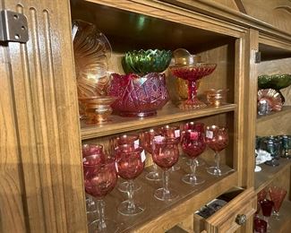 Antique Cranberry Iridescent Crystal Cordial Wine Glasses