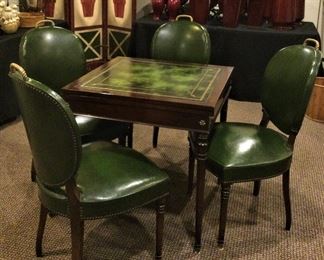  Vintage English Neoclassical Walnut Gold Gilt Trim Leather Flip  Top Game/Dining Tale with 4 Green  Leather and Brass Trimmed Chairs