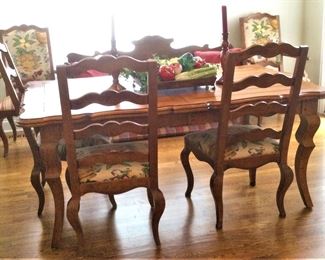 Country French Dining Table with 2 Leaves, Two Arm Chairs and Three Chairs without Arms  