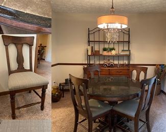 Haverty’s 46” Bluestone Round Wood Table & Set of 4 Dining Chairs 
Thomasville Impression’s Wood/Iron Bakers Rack