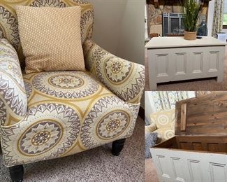 Pair Yellow/White/Brown Upholstered Arm Chairs
Painted Wooden Storage Trunk/Coffee Table 