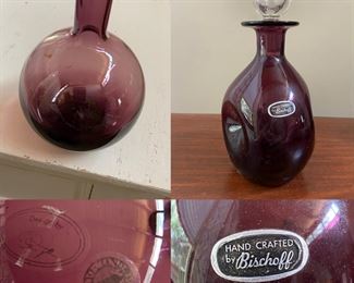 Vintage MCM Bischoff Amethyst Pinched Glass Decanter Bottle w/ Round Stopper
8-3/4” Tall 