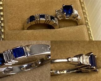 Engagement Ring :
Total Weight of Type II Natural Blue Sapphire Stones 1.26ct.
Total Weight of Diamonds 0.50ct. VS Clarity F Color
Total Weight of 14Kt White Gold 3.38 gm

Wedding Band :
Total Weight of Type II Natural Blue Sapphire Stones 0.72ct.
Total Weight of Diamonds 0.95ct. SI Clarity G-H Color
Total Weight of Band 18 Kt White Gold= 4.52gm


