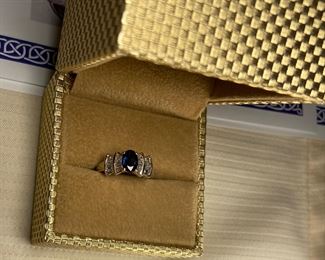 Ladies 14 Kt Yellow Gold Ring Natural AA Quality Sapphire .90ct. total weight 
 16 Natural Brilliant Cut Baguette Diamonds .60ct. total weight 