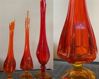 ( 3 ) Vintage Amberina Stretch Swung Footed Vases-Viking 17”, 20”, & 25” Tall